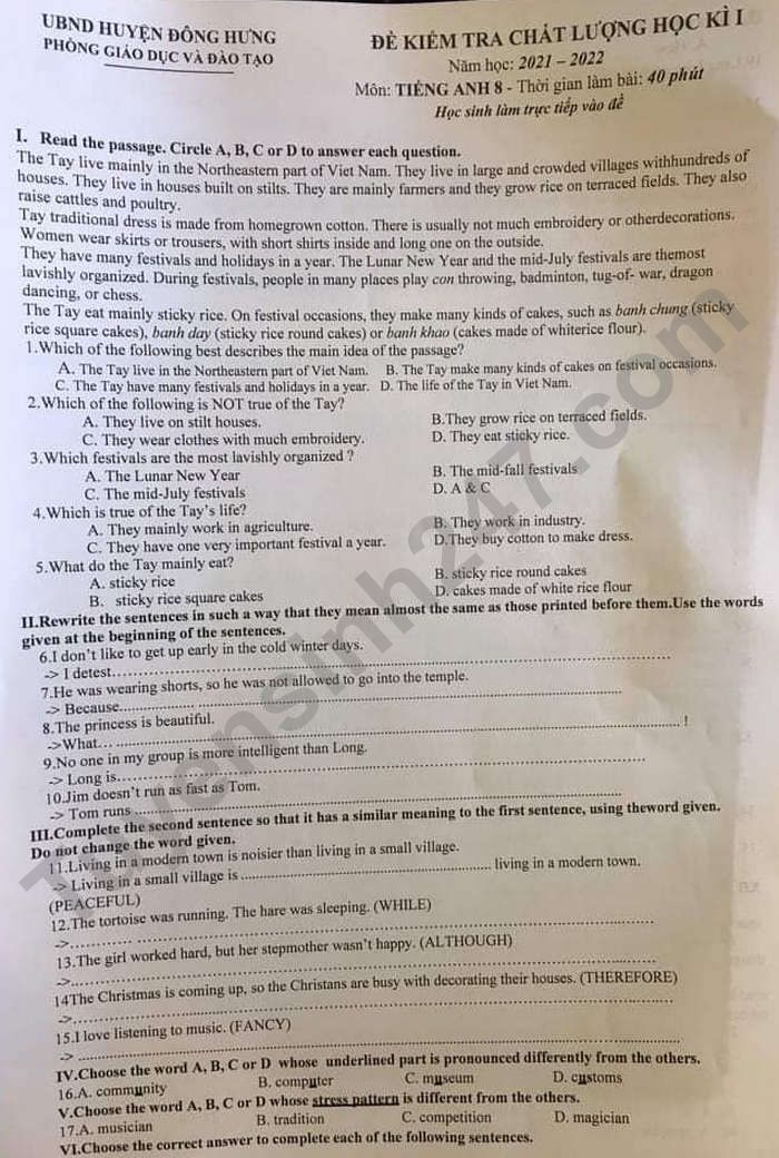 De thi hoc ki 1 mon Anh lop 8 huyen Dong Hung 2021