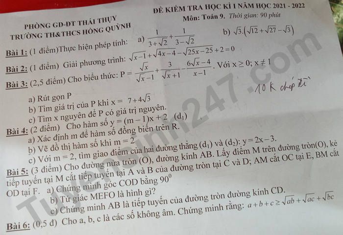 De thi hoc ki 1 lop 9 mon Toan nam 2021 - TH&THCS Hong Quynh