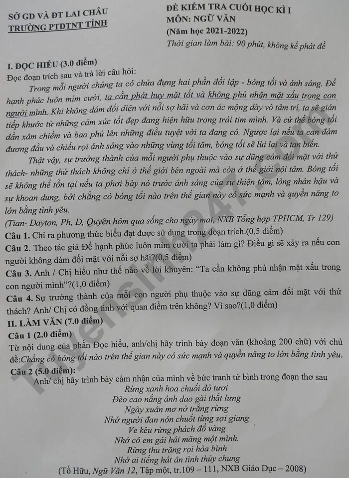 De thi hoc ki 1 mon Van lop 12 - Truong PTDTNT Tinh Lai Chau 2021