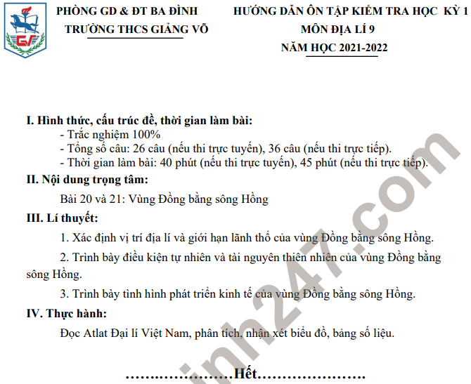 Huong dan on thi hoc ki 1 mon Dia lop 9 - THCS Giang Vo 2021