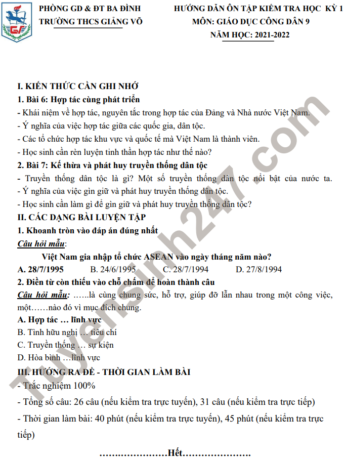 De cuong mon GDCD lop 9 thi hoc ki 1 nam 2021 - THCS Giang Vo