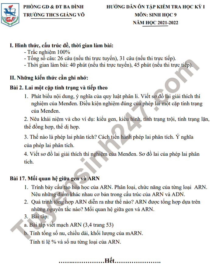 De cuong kiem tra hoc ki 1 nam 2021 Sinh 9 - THCS Giang Vo