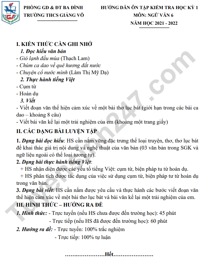 De cuong on tap hoc ki 1 lop 6 mon Van 2021 - THCS Giang Vo