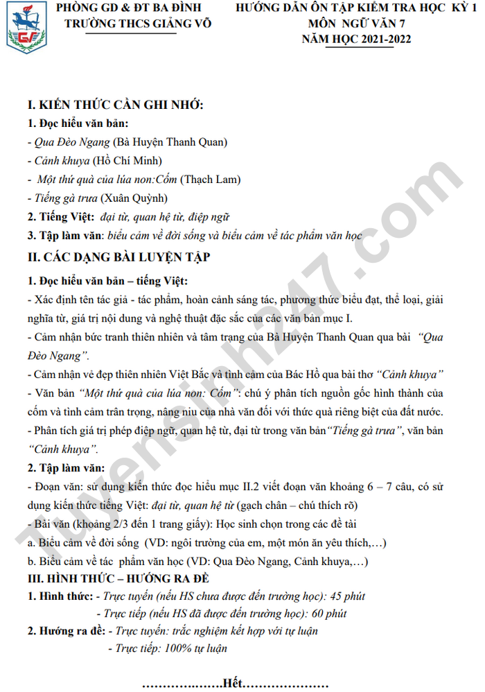 De cuong lop 7 mon Van thi hoc ki 1 THCS Giang Vo 2021