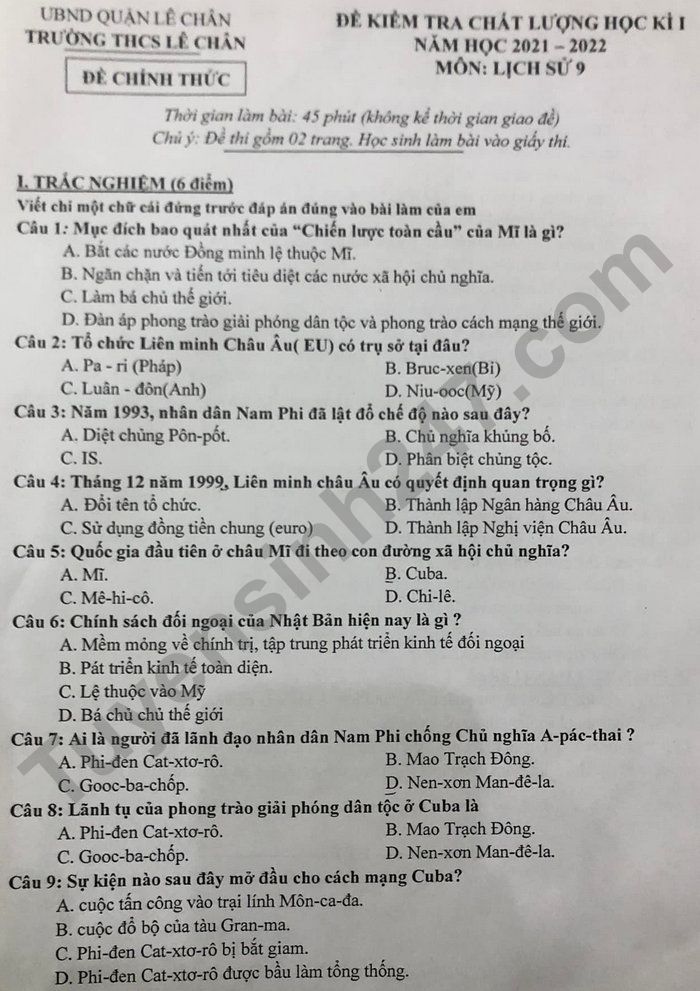 De thi ki 1 nam 2021 mon Su lop 9 THCS Le Chan