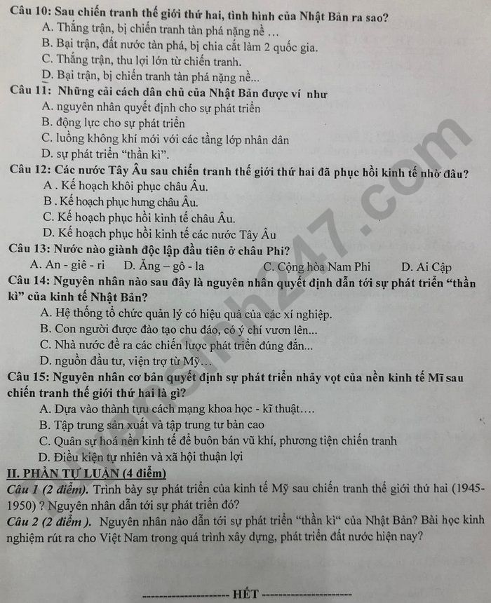 De thi ki 1 nam 2021 mon Su lop 9 THCS Le Chan
