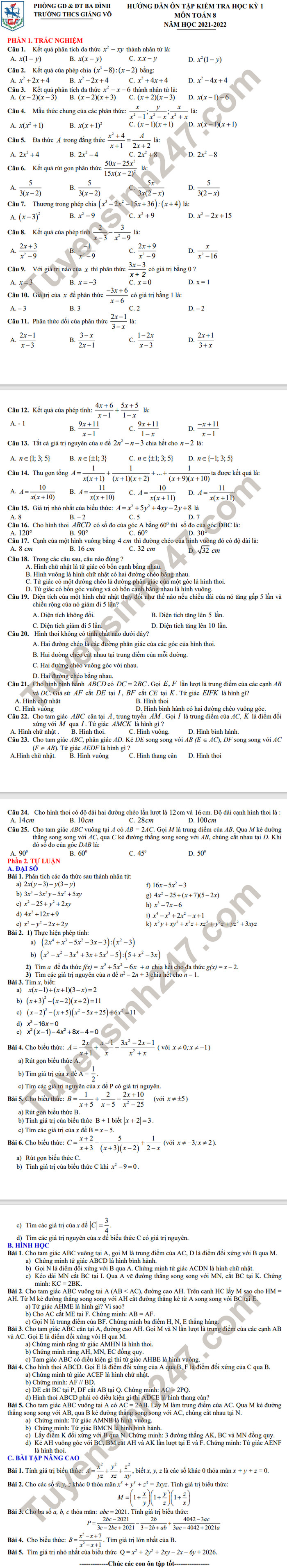 Noi dung on tap hoc ki 1 mon Toan 8 - THCS Giang Vo 2021