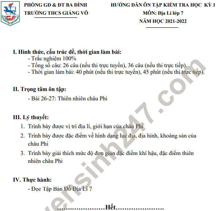 De cuong Dia ly lop 7 thi hoc ki 1 nam 2021 THCS Giang Vo