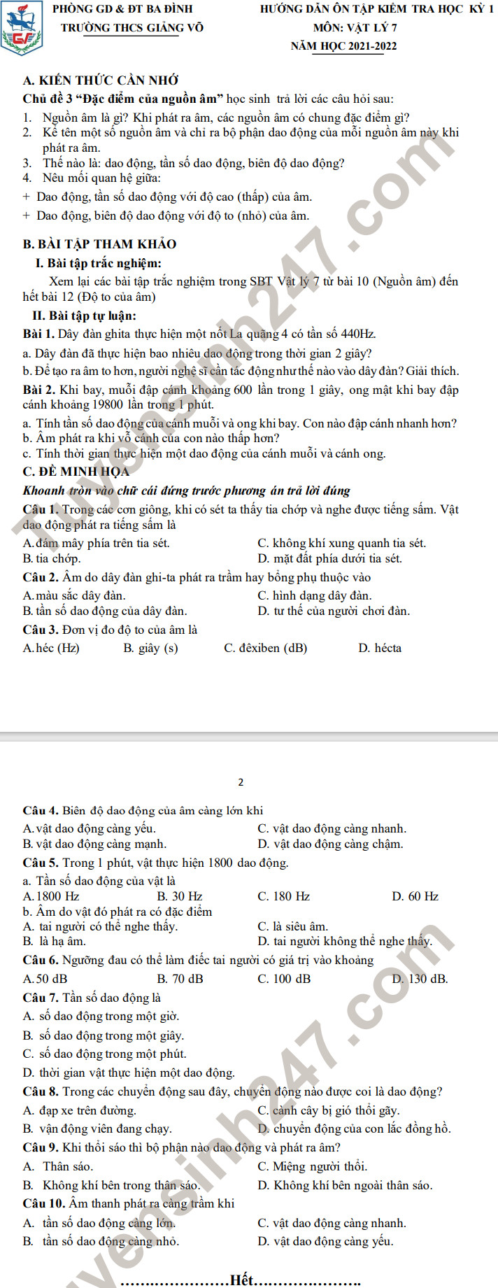Noi dung on tap hoc ki 1 lop 7 mon Ly - THCS Giang Vo 2021