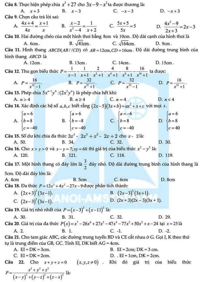De cuong on tap ki 1 Toan 8 nam 2021 - THPT chuyen Ha Noi-Amsterdam