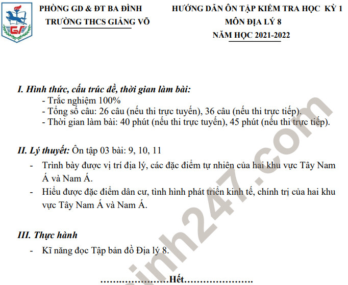 Noi dung on tap ki 1 Dia lop 8 THCS Giang Vo 2021