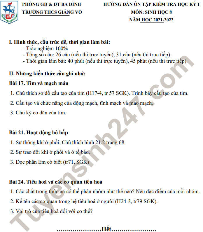 Noi dung on tap ki 1 Sinh 8 nam 2021 THCS Giang Vo