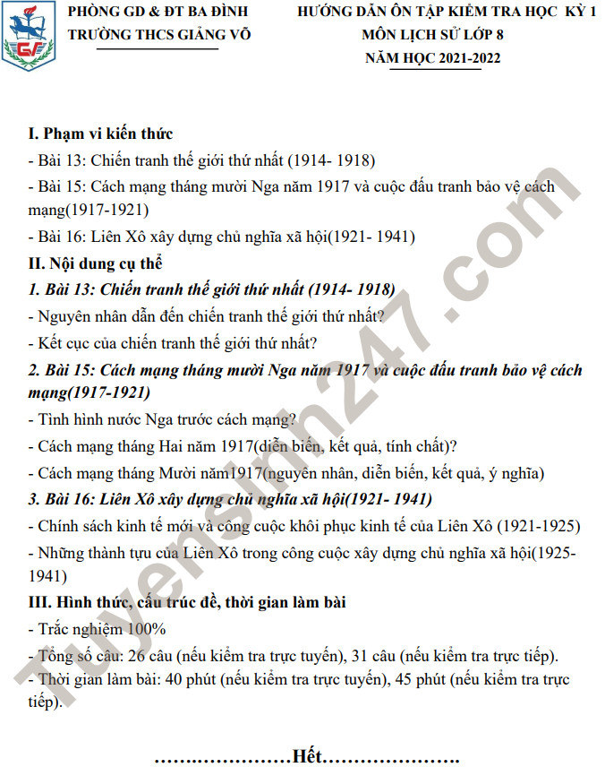 De cuong on tap mon Su lop 8 thi hoc ki 1 THCS Giang Vo 2021
