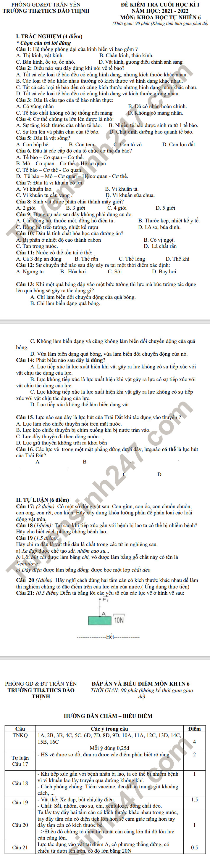 De thi hoc ki 1 mon KHTN lop 6 - TH&THCS Dao Thinh 2021