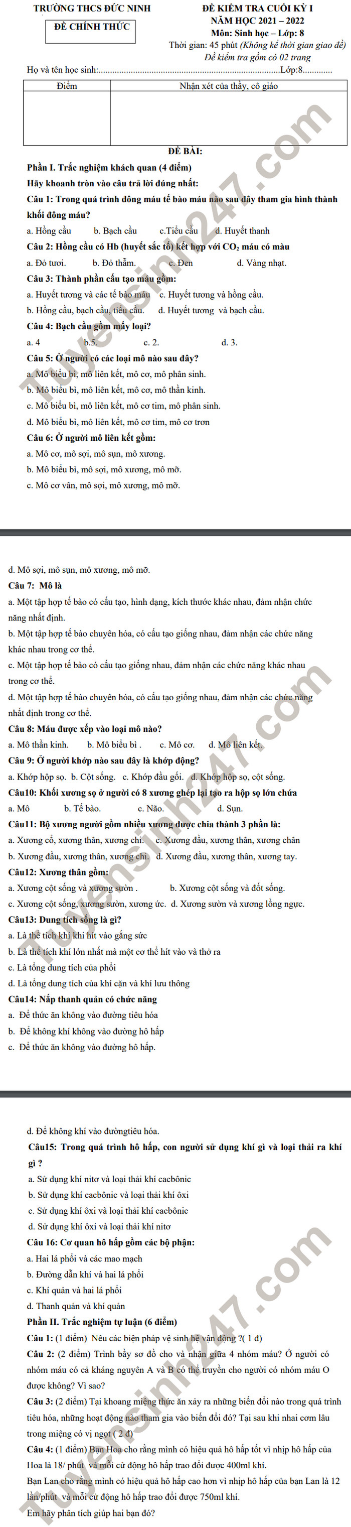 De thi hoc ki 1 mon Sinh lop 8 THCS Duc Ninh 2021