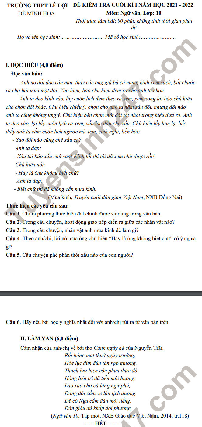De thi hoc ki 1 lop 10 mon Van - THPT Le Loi 2021 (De minh hoa)