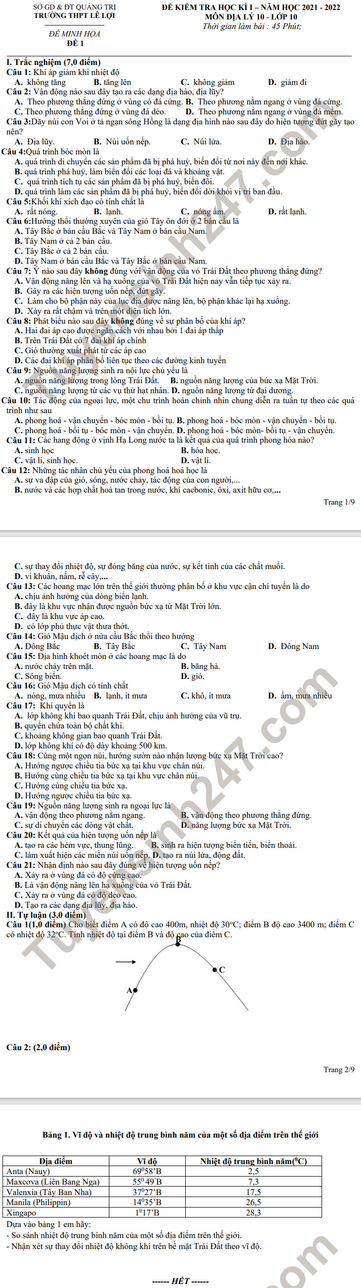 De kiem tra hoc ki 1 THPT Le Loi - lop 10 mon Dia 2021 (tham khao)