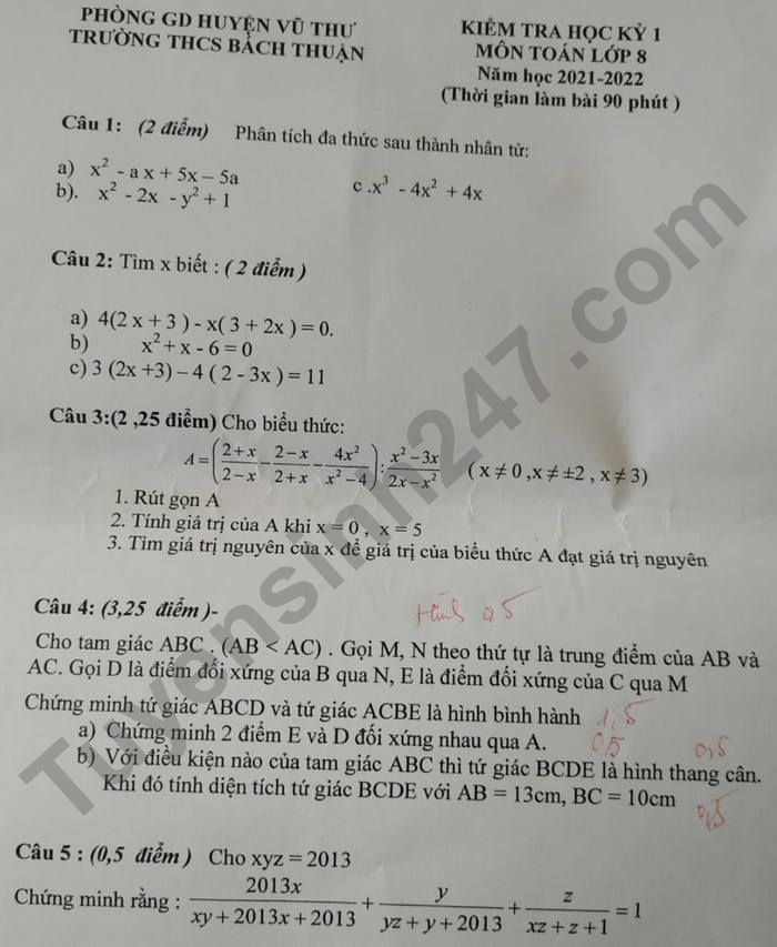 De thi hoc ki 1 mon Toan lop 8 - THCS Bach Thuan 2021