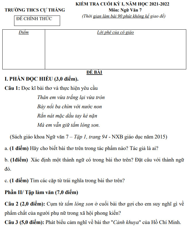 De thi ki 1 nam 2021 mon Van lop 7 THCS Cu Thang