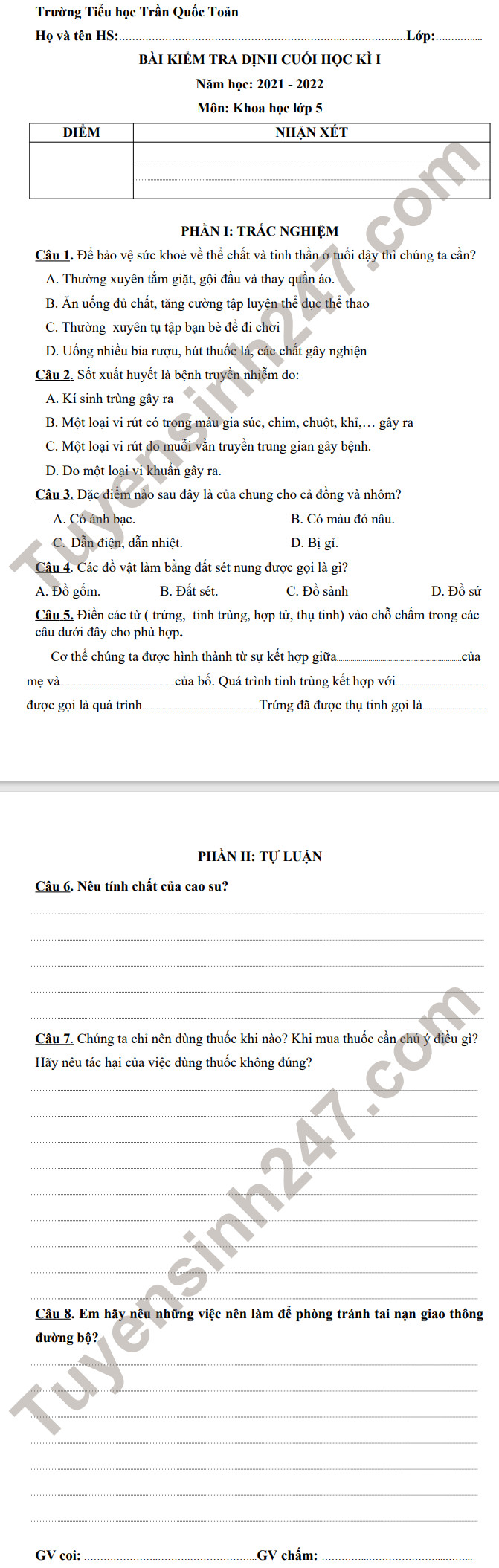 De thi hoc ki 1 nam 2021 lop 5 mon Khoa hoc - TH Tran Quoc Toan