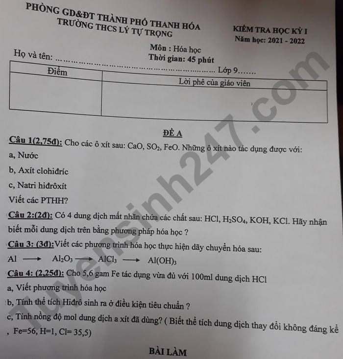 De thi hoc ki 1 mon Hoa lop 9 - THCS Ly Tu Trong nam 2021