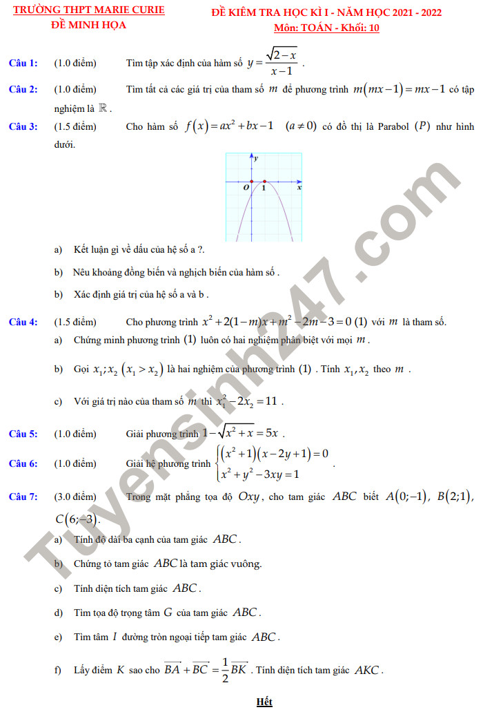 De thi hoc ki 1 nam 2021 THPT Marie Curie - lop 10 mon Toan (minh hoa)