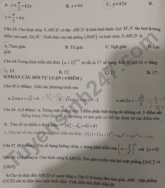 De thi hoc ki 1 mon Toan lop 11 THPT Xuan Hoa 2021