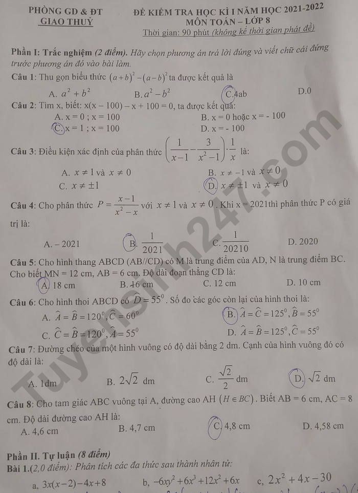 De thi hoc ki 1 Toan lop 8 nam 2021 - Phong GD Giao Thuy