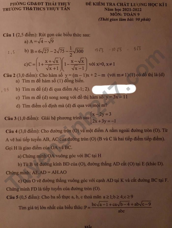 De thi hoc ki 1 nam 2021 Toan lop 9 - TH&THCS Thuy Tan