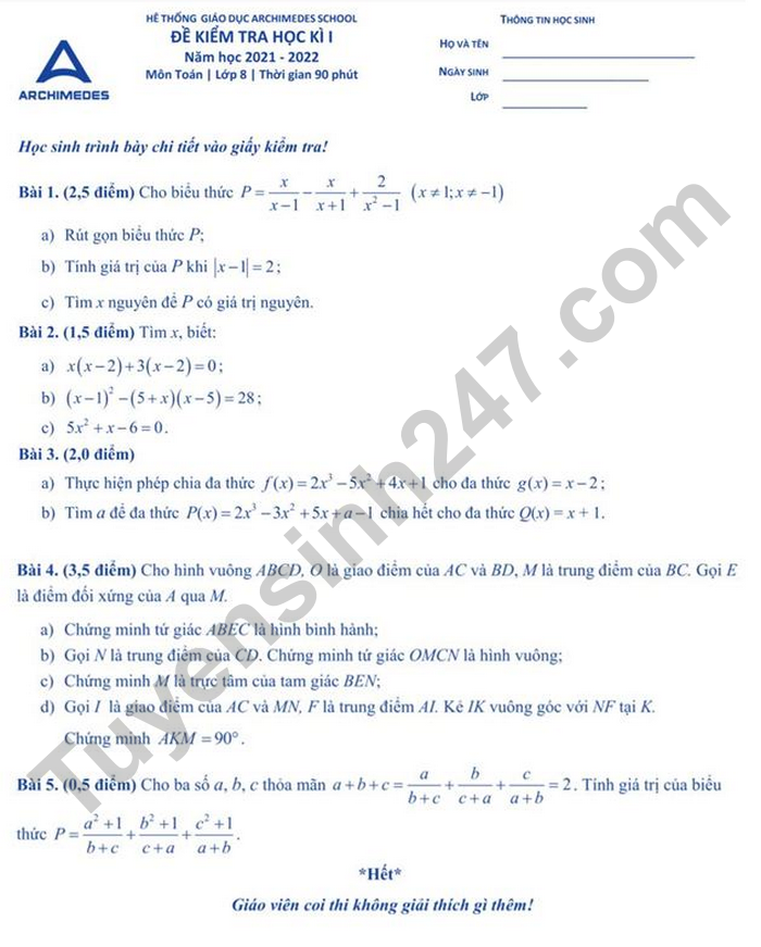 De thi hoc ki 1 lop 8 nam 2021 - Archimedes school mon Toan