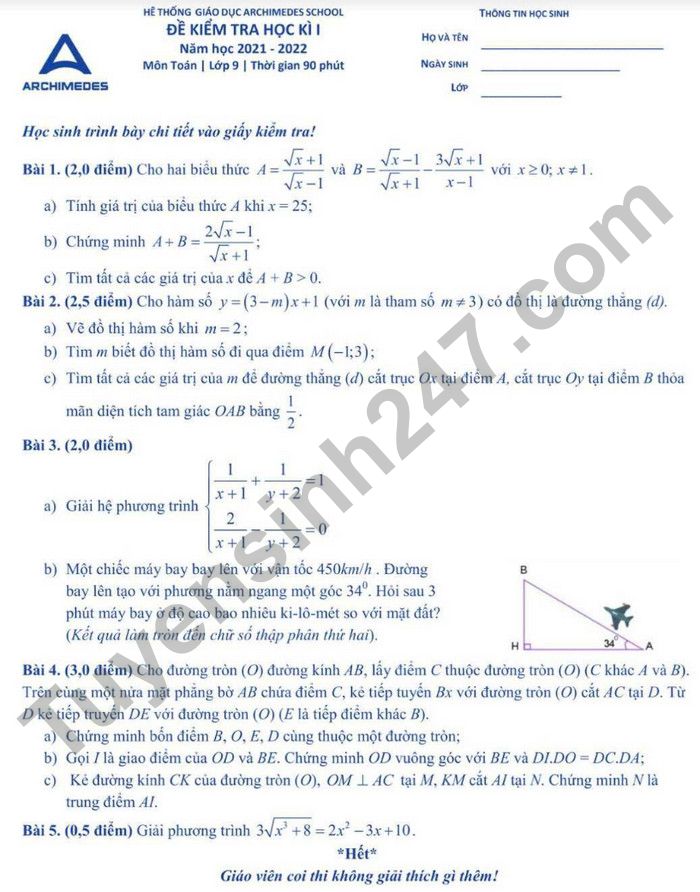 De thi hoc ki 1 mon Toan 9 - He thong Archimedes school nam 2021