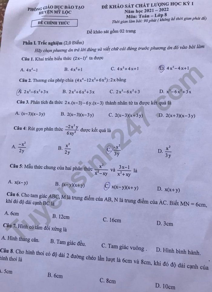 De thi hoc ki 1 nam 2021 Toan 8 - Huyen My Loc