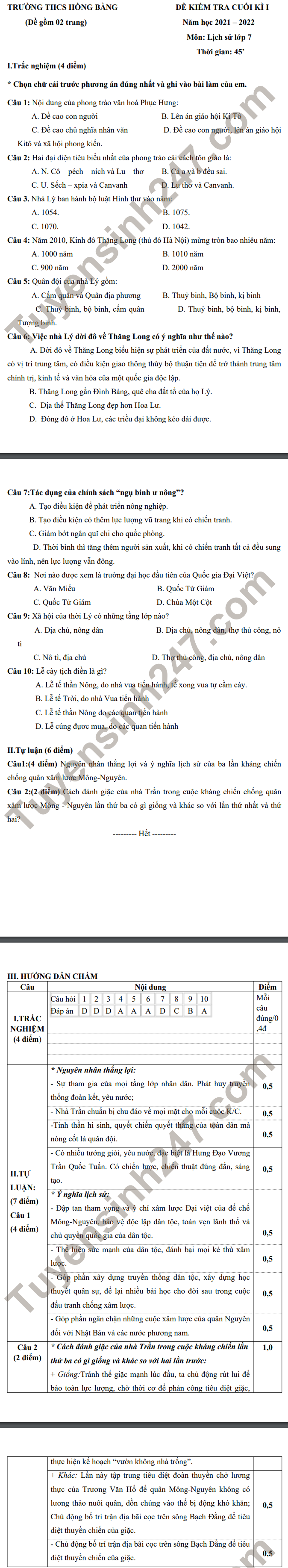 De thi cuoi ki 1 nam 2021 THCS Hong Bang - mon Su lop 7
