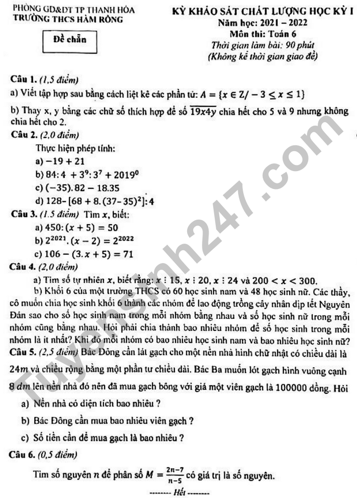 De thi ki 1 mon Toan lop 6 - THCS Ham Rong nam 2021