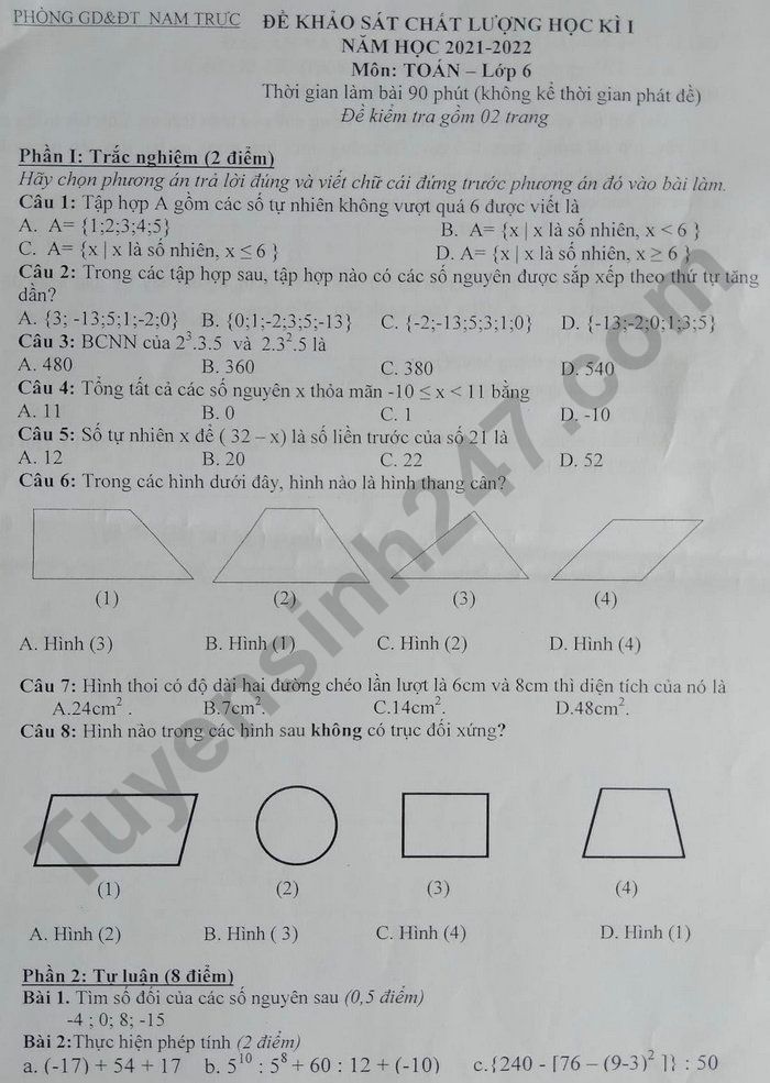 De thi hoc ki 1 Toan lop 6 - Phong GD Nam Truc 2021