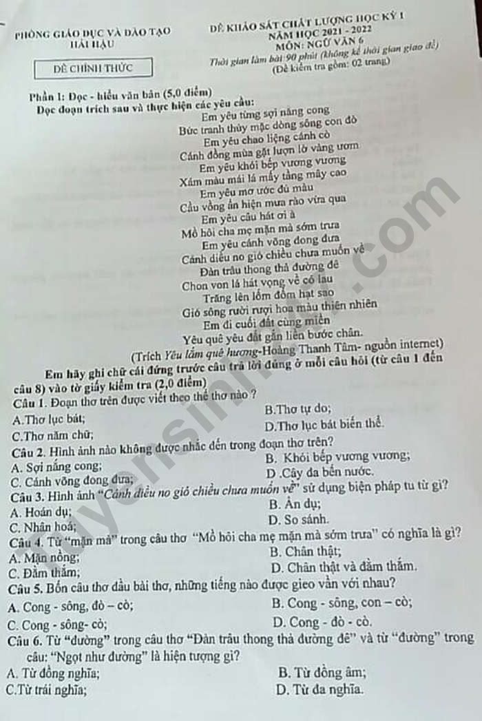 De thi hoc ki 1 Phong GD Hai Hau mon Van lop 6 nam 2021