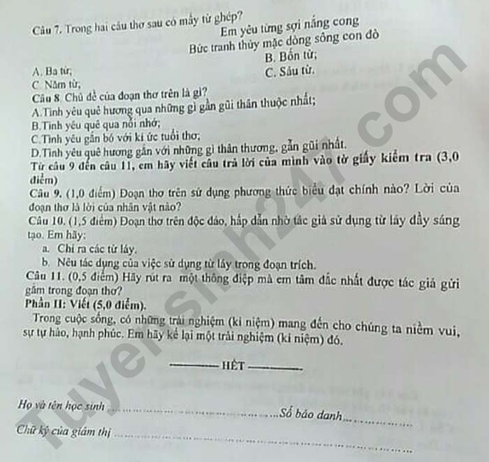 De thi hoc ki 1 Phong GD Hai Hau mon Van lop 6 nam 2021