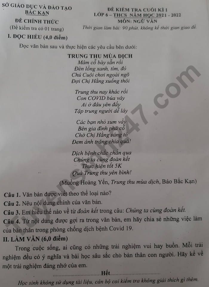 De thi hoc ki 1 mon Van lop 6 So GD Bac Kan nam 2021