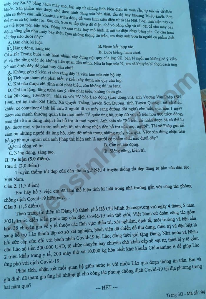 De thi ki 1 mon GDCD lop 9 So GD Bac Giang nam 2021