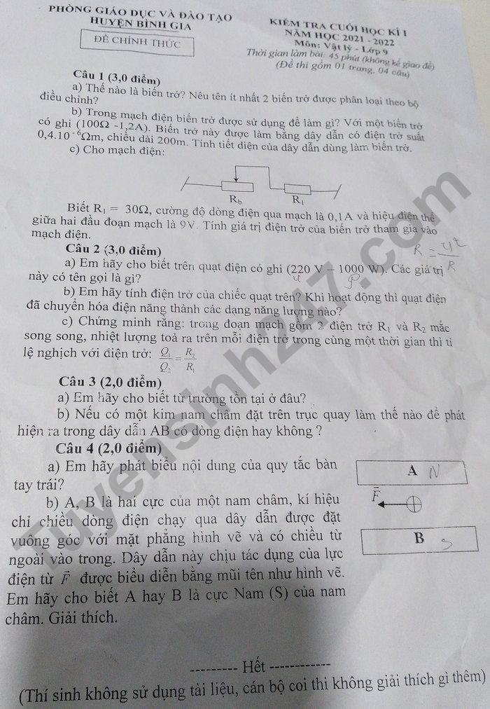 De thi hoc ki 1 mon Ly lop 9 - Huyen Binh Gia 2021