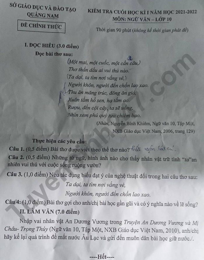 De thi hoc ki 1 Van lop 10 - So GD Quang Nam 2021
