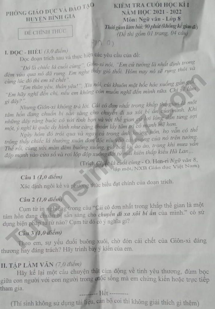 De kiem tra hoc ki 1 Van 8 - Huyen Binh Gia nam 2021