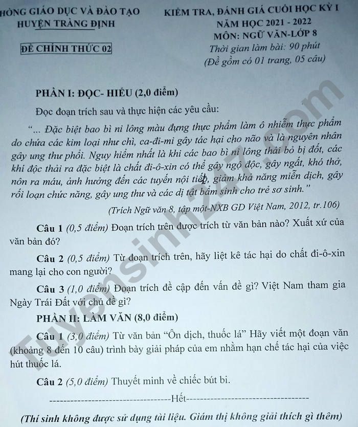 De thi hoc ki 1 lop 8 mon Van 2021 - Huyen Trang Dinh