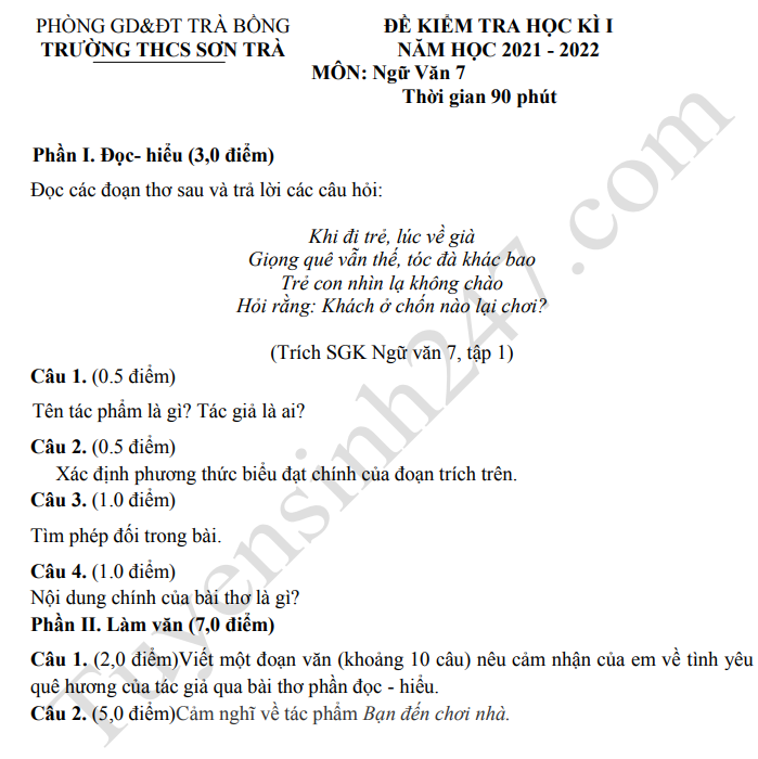De thi ki 1 mon Van lop 7 nam 2021 - THCS Son Tra