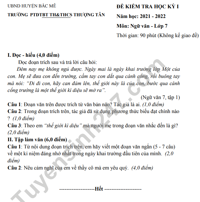 De thi ki 1 lop 7 mon Van - THCS Thuong Tan 2021