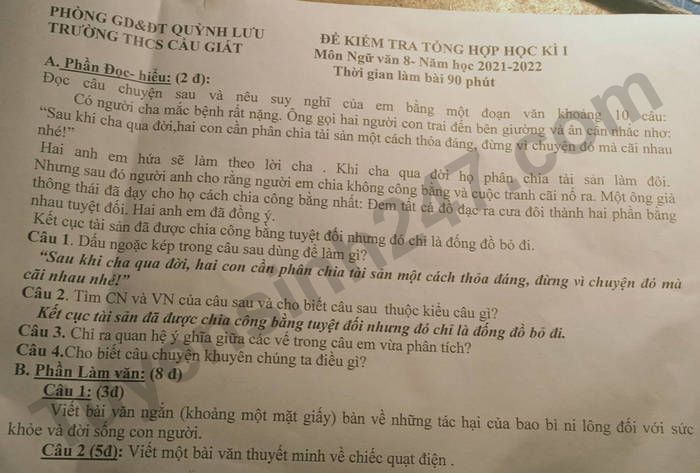 De thi ki 1 lop 8 mon Van - THCS Cau Giat 2021