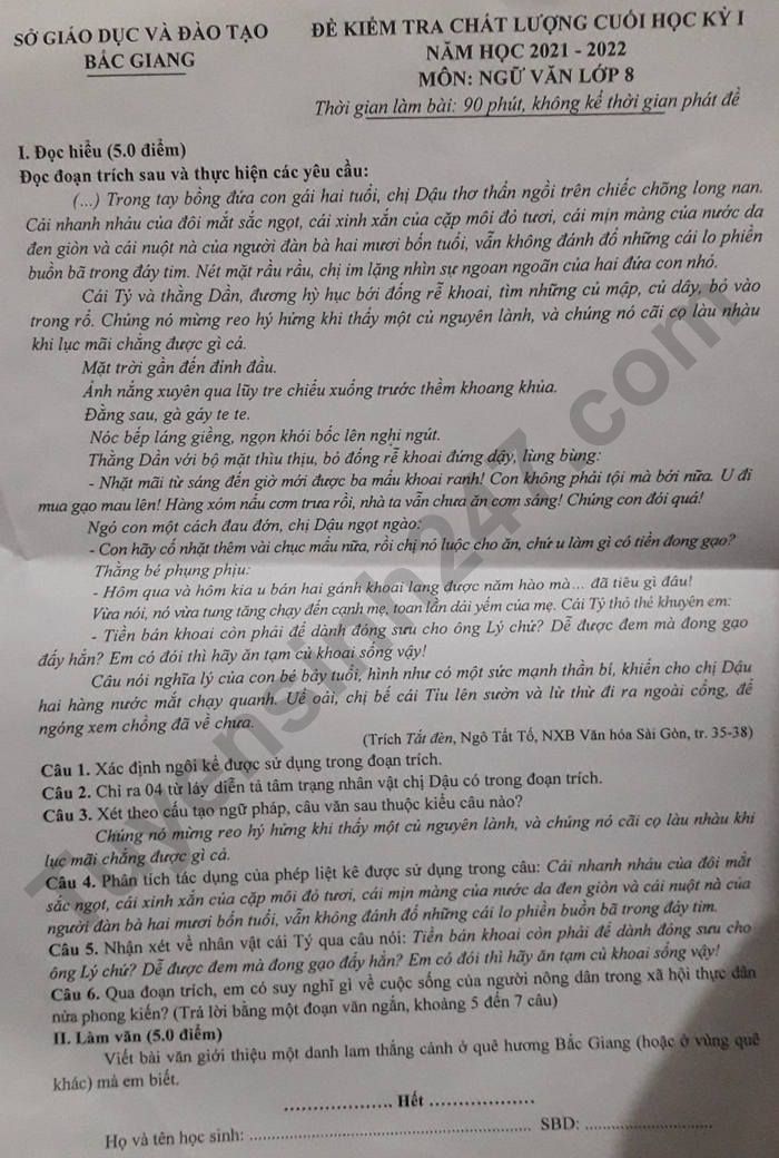 De thi hoc ki 1 lop 8 mon Van nam 2021 - tinh Bac Giang