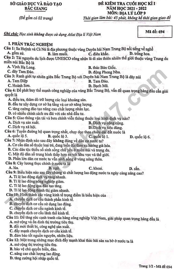 De thi hoc ki 1 Dia lop 9 tinh Bac Giang nam 2021 - 2022