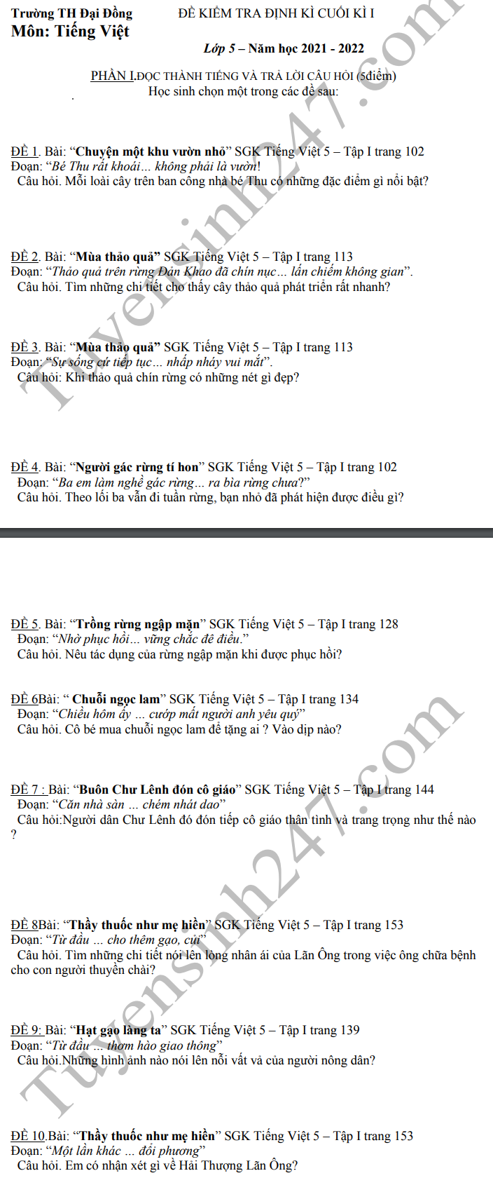 De thi ki 1 lop 5 mon Tieng Viet 2021 - TH Dai Dong