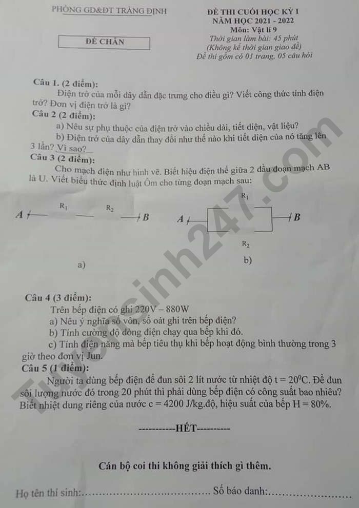 De thi hoc ki 1 mon Ly lop 9 - Phong GD Trang Dinh nam 2021